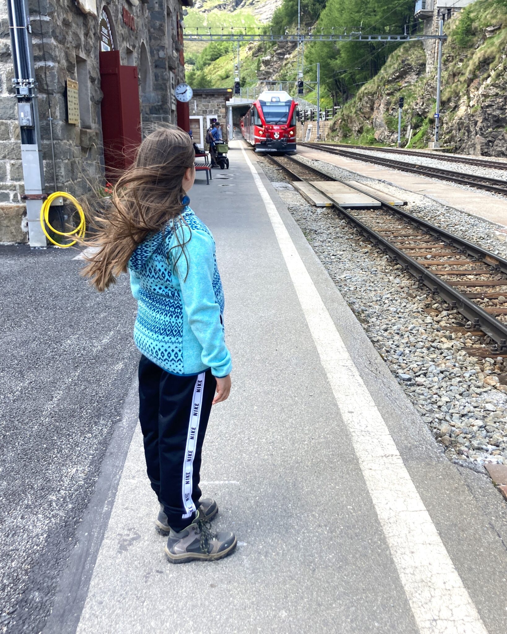 Trenino rosso del Bernina in giornata in estate