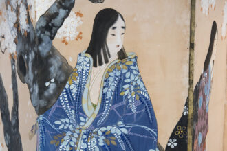 Beltà femminili, paravento a 6 ante dipinto a inchiostro e colori su carta, 173x372 cm, periodo Taisho (1912-1926) [DETTAGLIO 4]