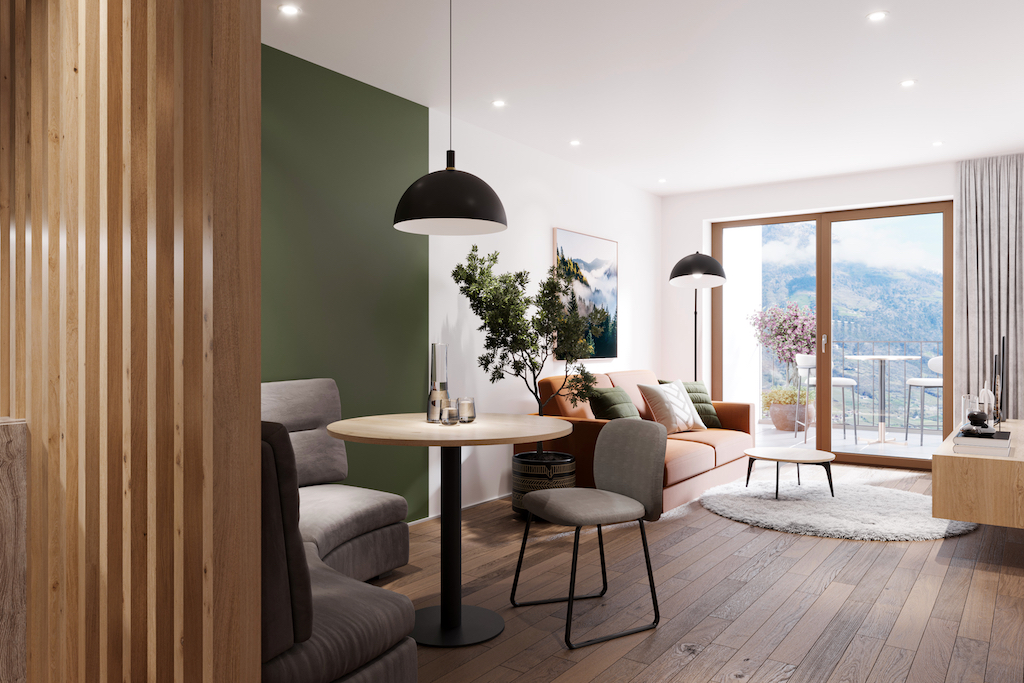 Ramilia Family Apartaments a Naturno in Val Venosta, appartamento con soggiorno con vista