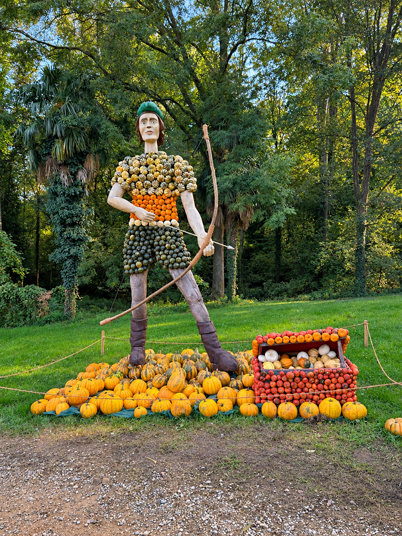 Scultura di Robin Hood realizzata interamente con le zucche, Castello del Pozzo, Oleggio Castello