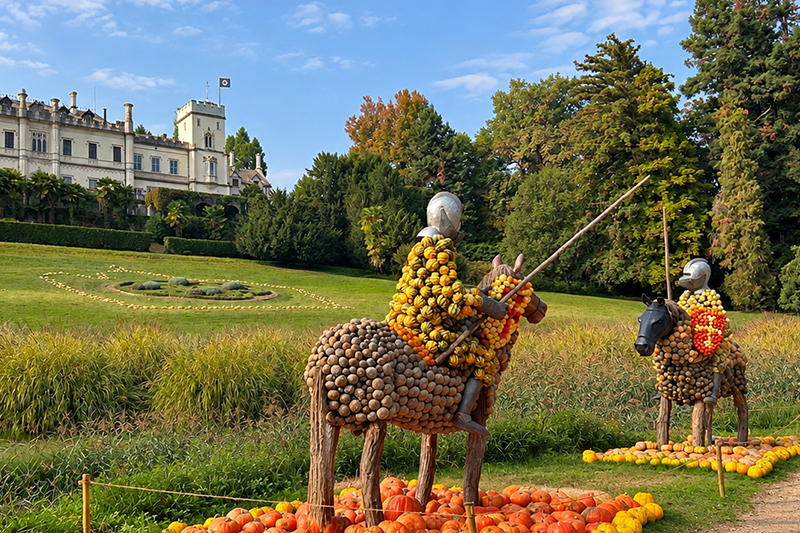 Sculture di due cavalieri realizzate interamente con le zucche, Castello del Pozzo, Oleggio Castello