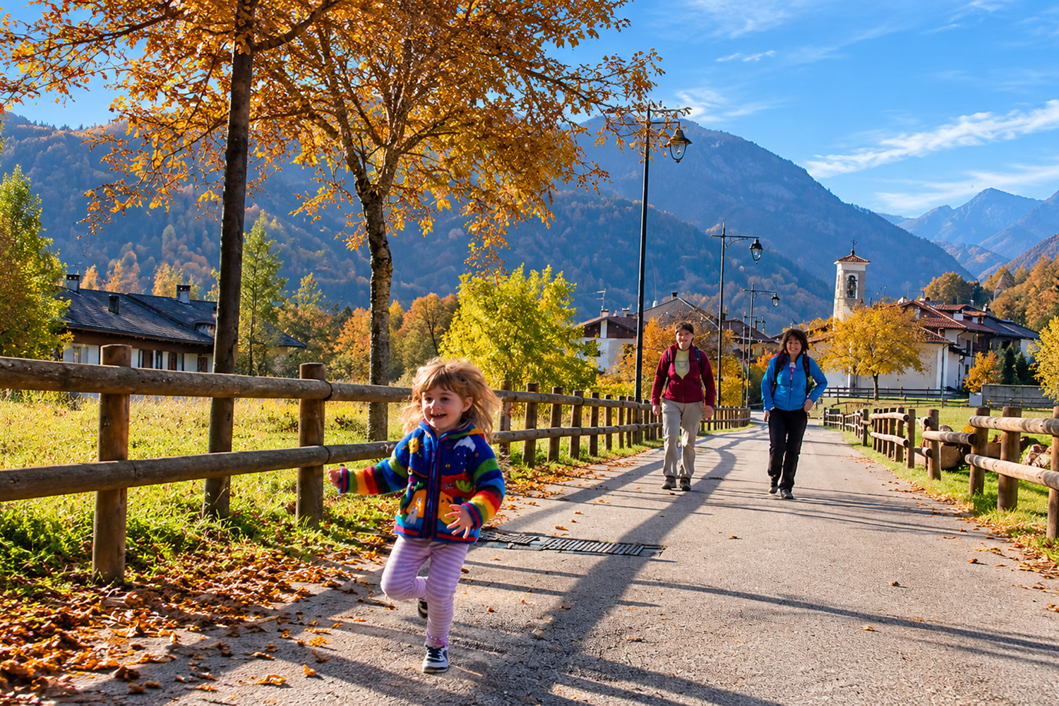 Lungo lago a Ledro con il foliage, passeggiata per bambini in Trentino